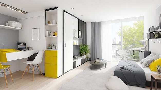 Modernes Studio-Apartment-Design mit Schlafzimmer und Wohnraum