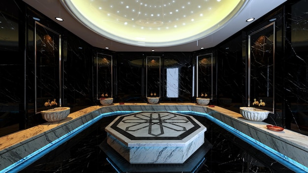 Modernes Türkisches Bad aus schwarzem Marmor, 3D-Rendering