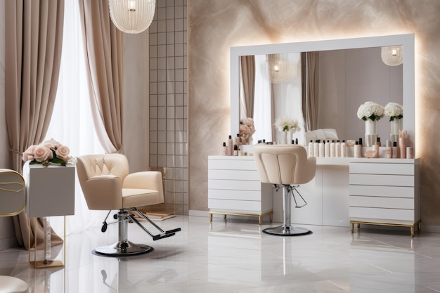 Modernes und elegantes Innendesign eines professionellen Schönheitssalons und Spas mit luxuriösem Styling-Stuhl