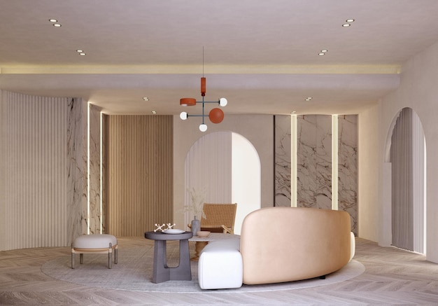 Modernes und elegantes Wohnzimmer mit neutralen Farben und stilvollen Möbeln