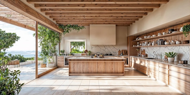 Foto modernes und luxuriöses wohnzimmer mit offener innenräume mit küche und esszimmer mit meerblick