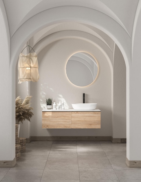 Modernes und minimalistisches Badezimmer aus der Mitte des Jahrhunderts, weißes Dekorkonzept, moderner Badezimmerschrank aus Holz, der an weißer Wand hängt, Betonboden Gemütliches Badezimmer 3D-Rendering