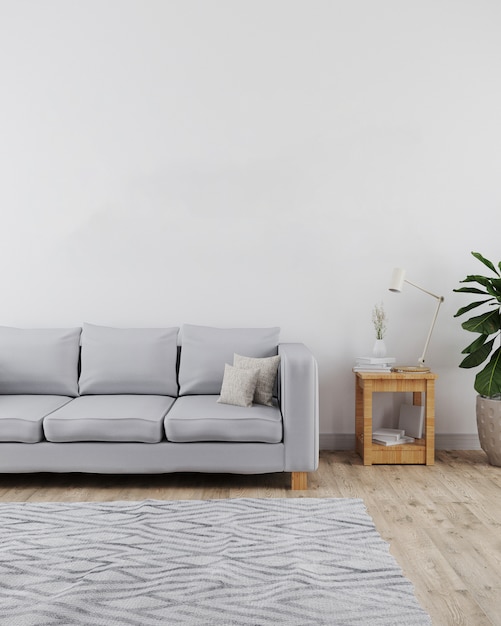 Modernes und minimalistisches Interieur des Wohnzimmers mit Sofa, weißer Wand und Holzboden mit grauem Teppich, moderner Innenwand, skandinavischem Stil, 3D-Rendering