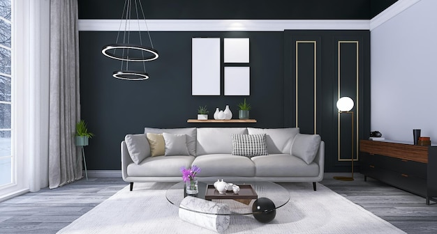 Modernes und minimalistisches Wohnzimmer-Innendesign mit drei Fotorahmen-Attrappen