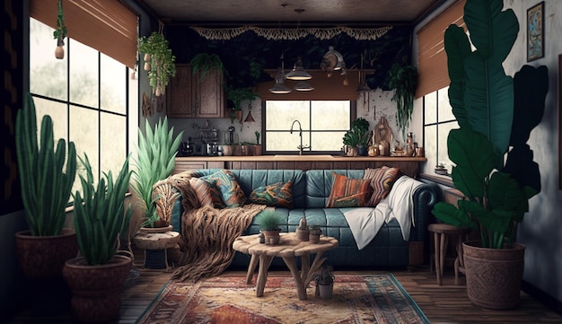 Modernes Urban Chic Boho Wohnzimmer Innenarchitektur AI Generiertes Bild