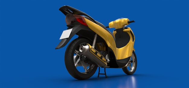 Modernes urbanes gelbes Moped auf blauem Hintergrund. 3D-Darstellung.