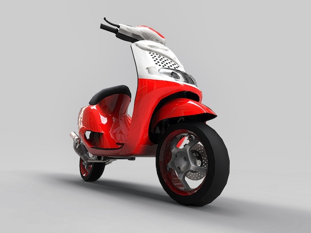 Modernes urbanes rot-weißes Moped auf hellgrauem Hintergrund. 3D-Darstellung.