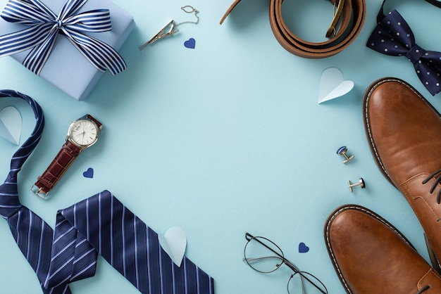 Modernes Vatertagskonzept Top-View von mit Band gewickeltem Geschenk, Kleid, Schuhen, Krawatte, Schnürsenkel, Uhr, Gürtel, Manschettenknöpfen, Brillen auf pastellblauer Oberfläche mit Rahmen für Text oder Anzeige