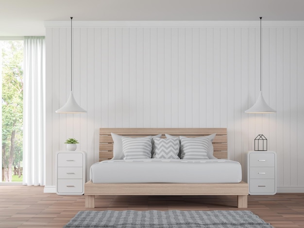 Modernes Vintage-Schlafzimmer mit weißer Plankenwand 3D-Rendering