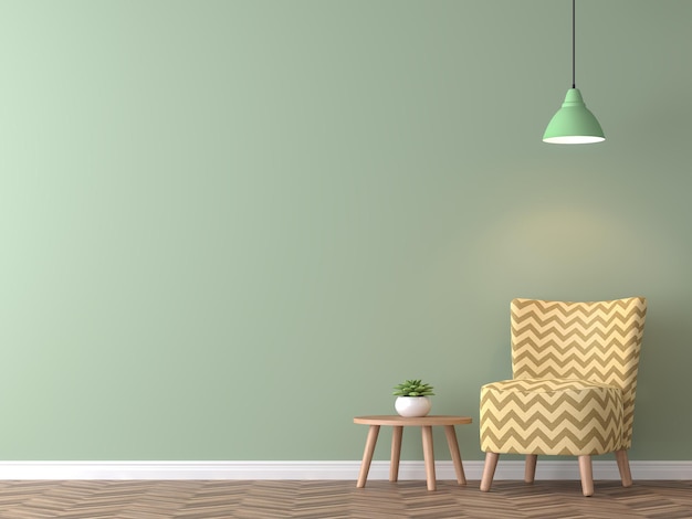 Modernes Vintage-Wohnzimmer mit grüner Wand 3D-Render verzieren mit gelbem Stuhl