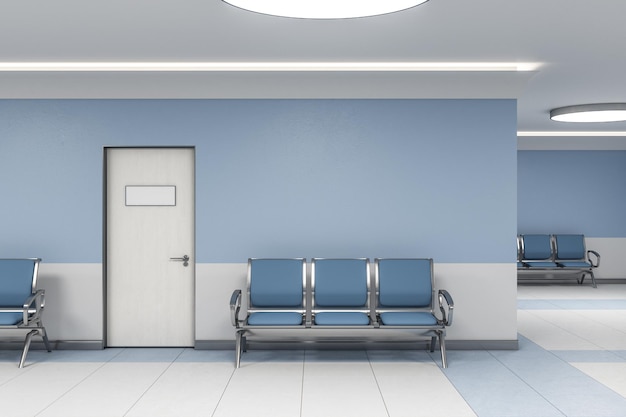 Modernes Wartezimmer im blauen Interieur der Arztpraxis