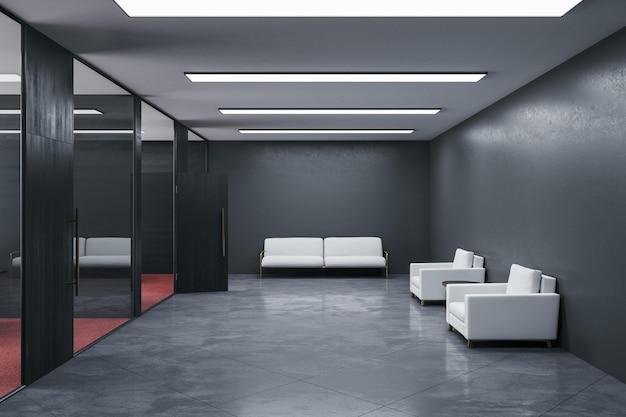 Modernes Wartezimmer mit Stühlen und leerer grauer Betonwand