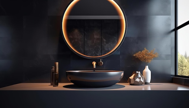 modernes Waschbecken mit rundem Spiegel