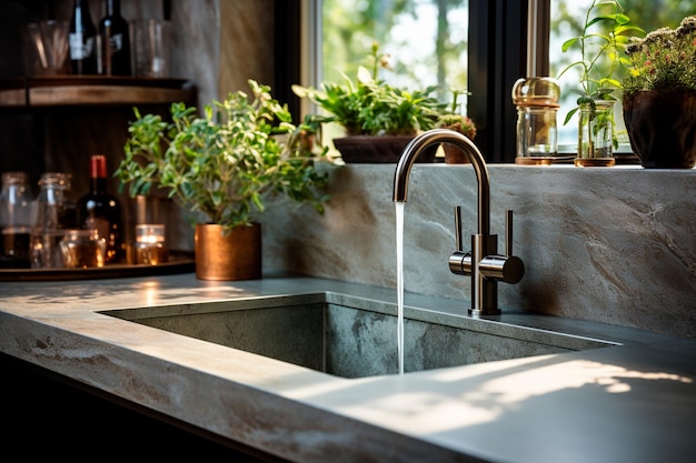 Modernes Waschbecken mit Wasserhahn, Wasserhahn und Glas im Kücheninnenraum