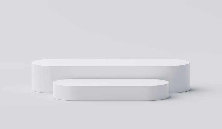 Foto modernes, weißes langraumpodest isoliert auf 3d-hintergrund mit minimaler produktpräsentationssäule, geometrischer plattform oder leerem präsentations-werbebühnenkonzept und einfachem showstand-luxusmodell