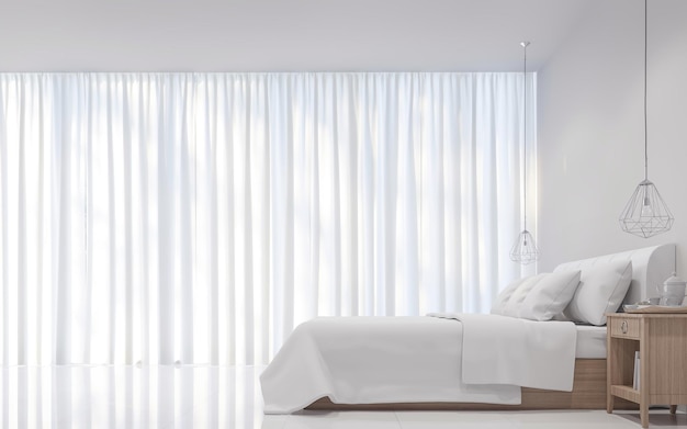 Modernes weißes Schlafzimmer im minimalen Stil 3D-Render dekorieren Zimmer mit weißem durchscheinendem Vorhang