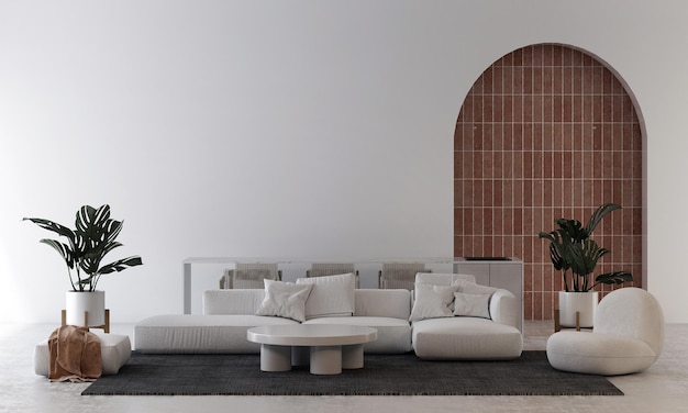 Modernes weißes Sofa und Wohnzimmer und Esstisch und Innenarchitektur mit Wandstrukturhintergrund