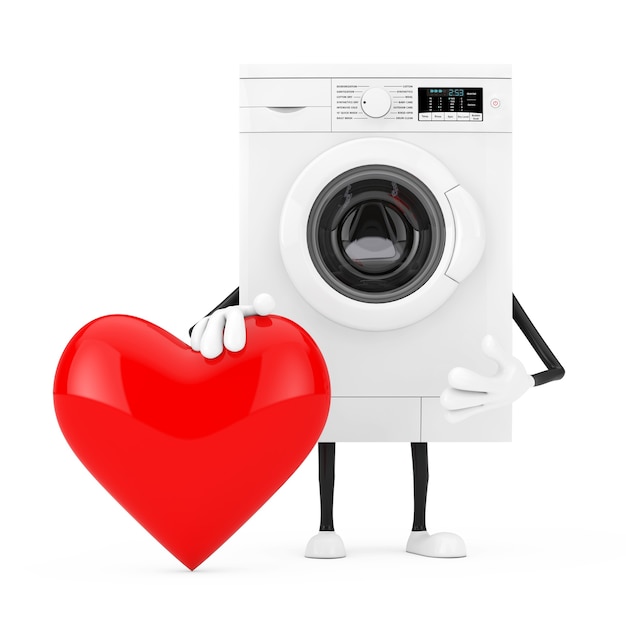 Modernes weißes Waschmaschinen-Charakter-Maskottchen mit rotem Herzen auf einem weißen Hintergrund. 3D-Rendering