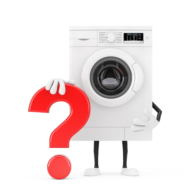 Modernes weißes Waschmaschinen-Person-Charakter-Maskottchen mit rotem Fragezeichen-Zeichen auf einem weißen Hintergrund. 3D-Rendering