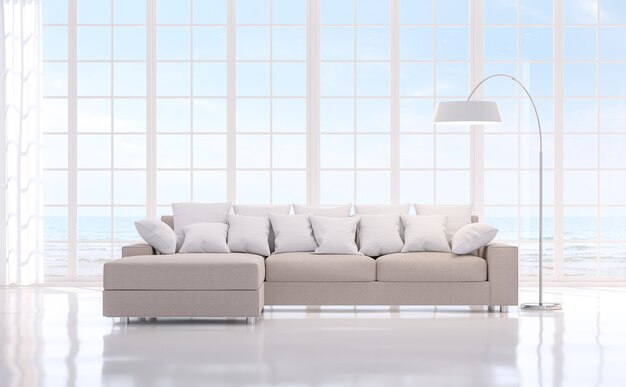 Modernes weißes Wohnzimmer mit Meerblick 3D-RenderingAusgestattet mit weißen Möbeln