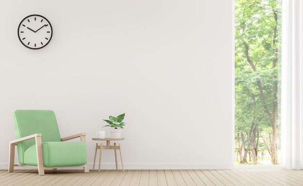 Modernes weißes Wohnzimmer mit pastellfarbenen Möbeln 3D-RenderingEs gibt Fenster mit Blick auf die Natur