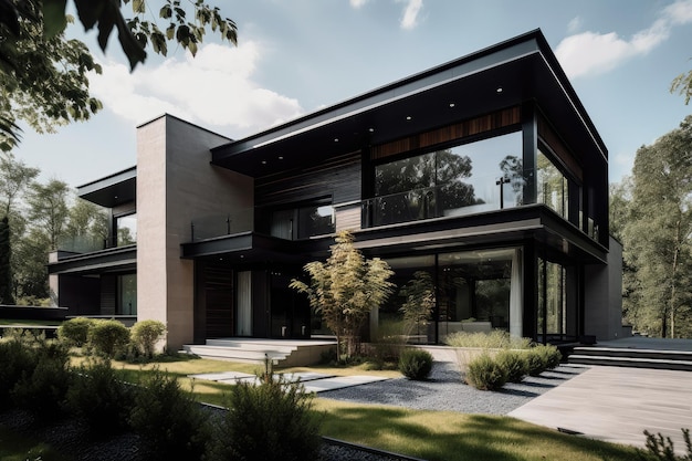 Modernes Wohnhaus mit klaren Linien und minimalistischen Designelementen, erstellt mit generativer KI