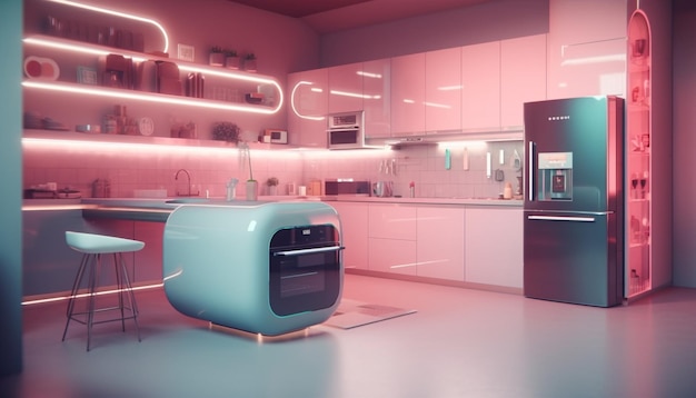 Modernes Wohnküchendesign mit Geräten aus Edelstahl und KI-generierter Beleuchtung
