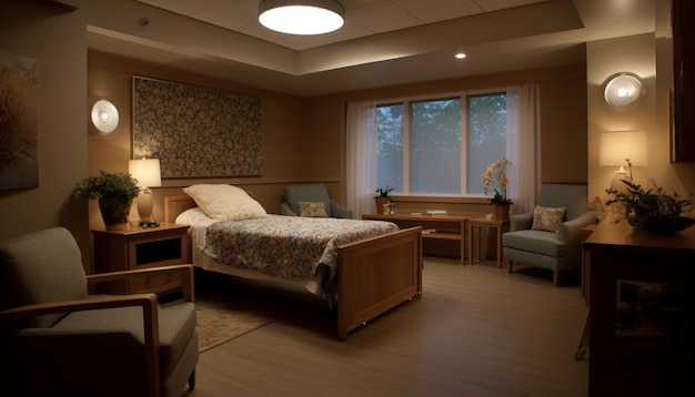 Modernes Wohnungsdesign mit eleganter Holzdekoration und bequemer Bettwäsche, erzeugt durch künstliche Intelligenz