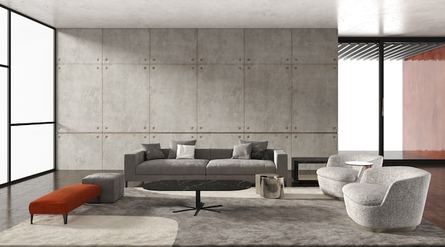 Modernes Wohnzimmer des Innenraums, graues Sofa mit nackter Betonwand