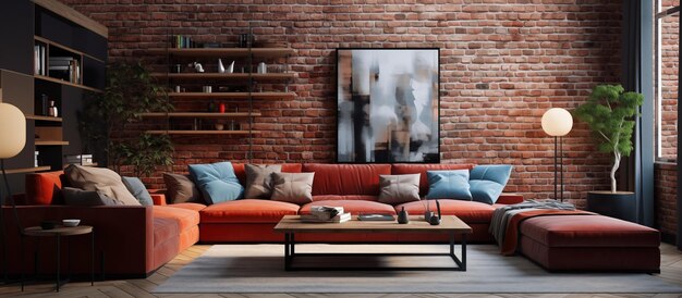 modernes Wohnzimmer-Design aus rotem Ziegelstein-Wandkonzept