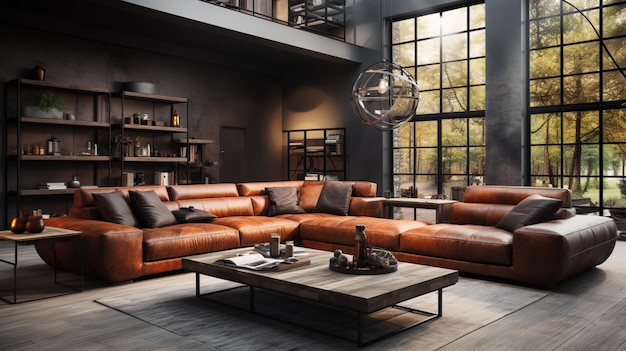 Modernes Wohnzimmer im industriellen Luxusstil mit Ledercouch und Couchtisch