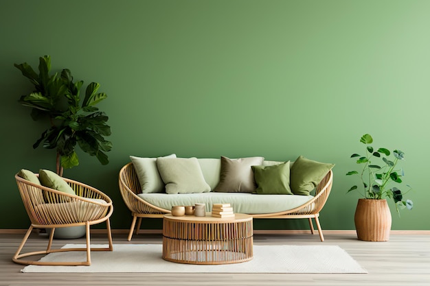 Modernes Wohnzimmer im skandinavischen Stil Elliptischer Coffee-Tisch neben einem hellgrünen Sofa-Wickel
