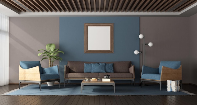 Modernes Wohnzimmer in Blau und Braun