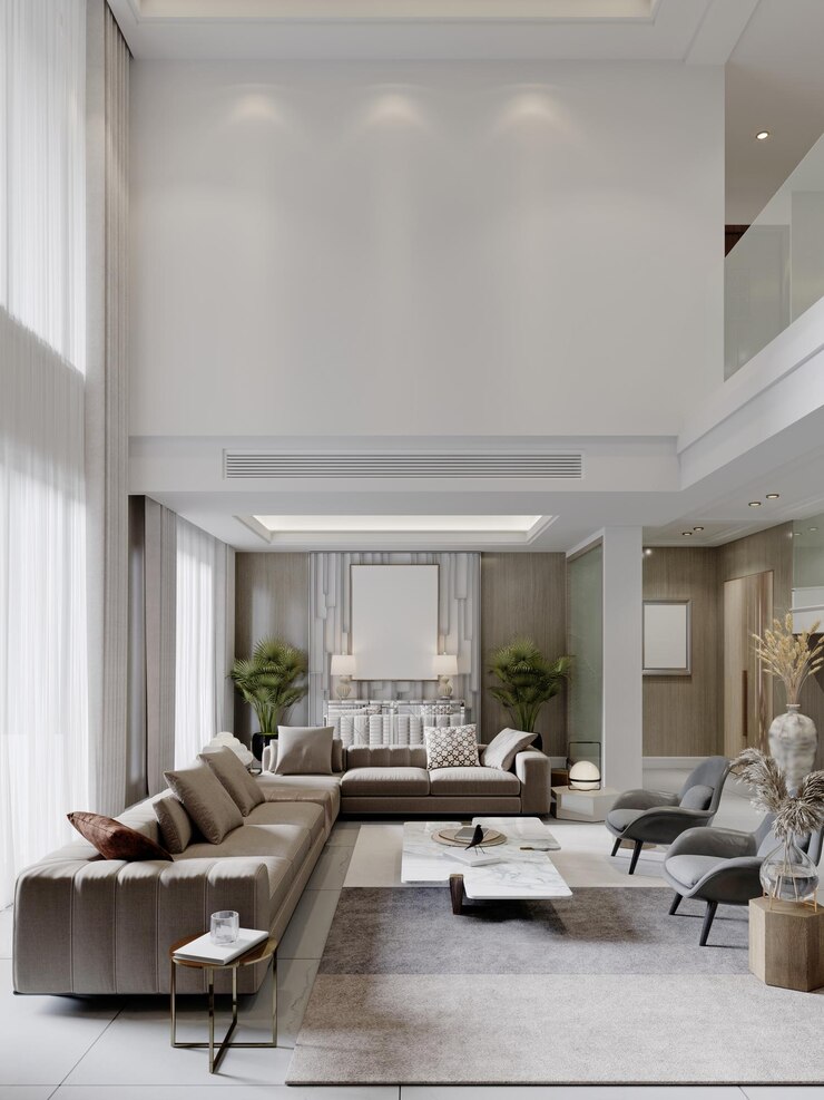 Modernes Wohnzimmer in hellen Farben mit hohen Decken und trendigen modernen Möbeln