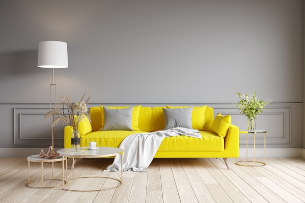 Modernes Wohnzimmer-Innendesign. gelbes Sofa an grauer Wand. Farbe des Jahres 2021