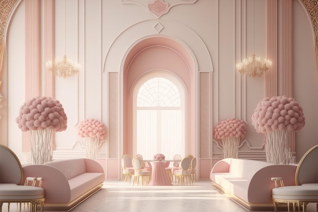 Modernes Wohnzimmer-Innendesign in allen rosa Farben