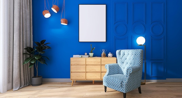 Modernes Wohnzimmer-Innendesign mit Fotorahmen-Mockup-Sofa-Medieneinheit Holzboden blaue Wand