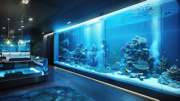 Modernes Wohnzimmer-Interieur mit großem Aquarium, Ozean-Themendekor und offener Küche