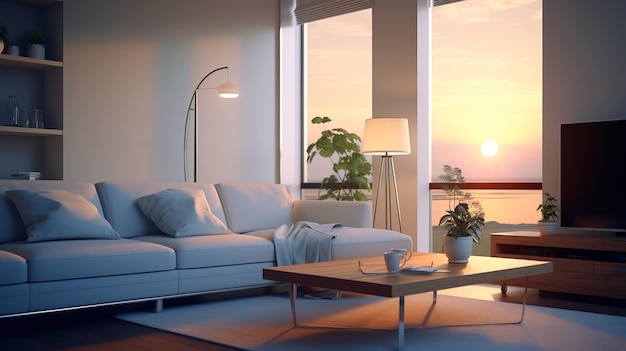 Modernes Wohnzimmer-Interieur mit Sonnenuntergang durch die Fenster