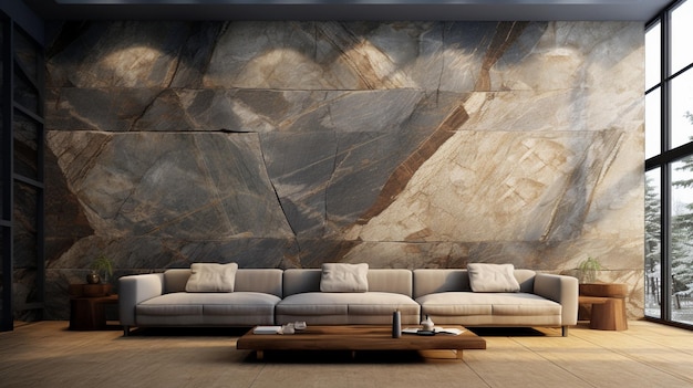 Modernes Wohnzimmer-Interior-Design mit Marmorwand zeitgenössisches natürliches Konzept in der Innenstadt
