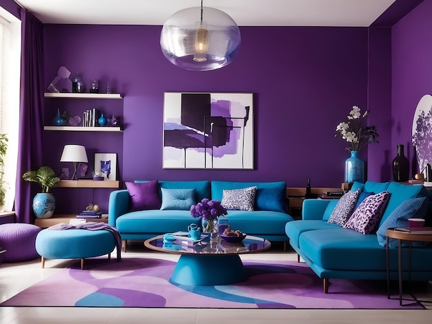 Modernes Wohnzimmer Lila und blaue Farbe erzeugen Ai