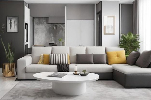 Modernes Wohnzimmer mit bequemem Sofa und eleganter Dekoration