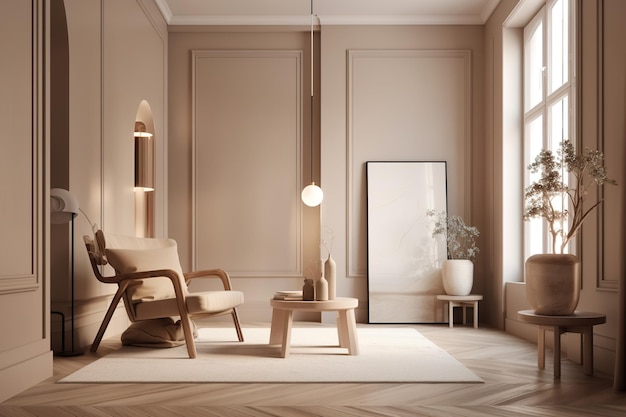 Modernes Wohnzimmer mit bequemem Stuhl und stilvollem Tisch Made with Generative AI