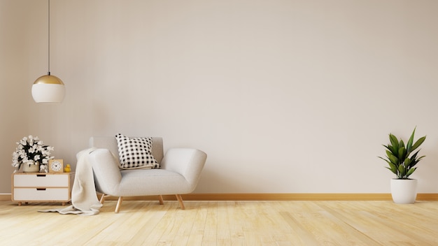 Modernes Wohnzimmer mit blauem Lehnsessel haben Kabinett- und Holzregale auf hölzernem Bodenbelag und weißer Wand, Wiedergabe 3d