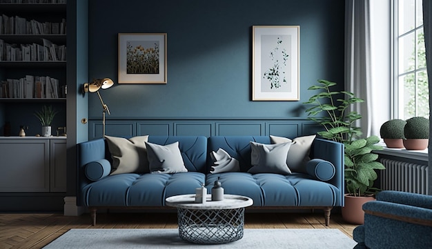 Modernes Wohnzimmer mit blauem Sofa und Wandhaus und Innenarchitektur der Wohnung