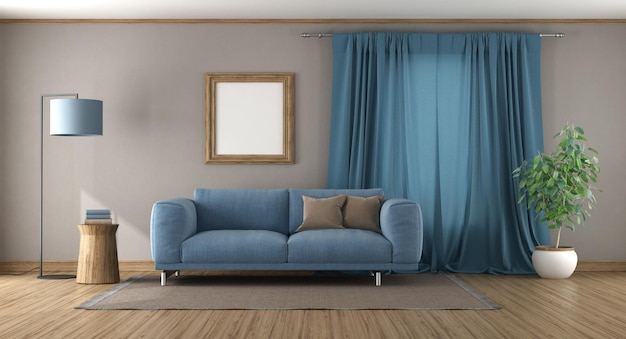 Foto modernes wohnzimmer mit blauem sofa vor einem vorhang, 3d-rendering