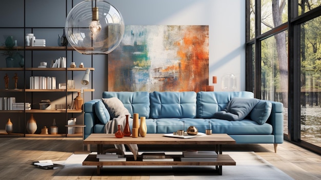 Modernes Wohnzimmer mit blauer Couch und Hängelampen