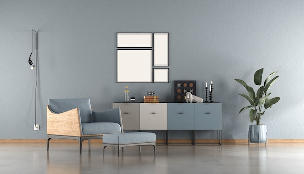 Modernes Wohnzimmer mit blauer Wand, Sessel und Sideboard - 3D-Rendering