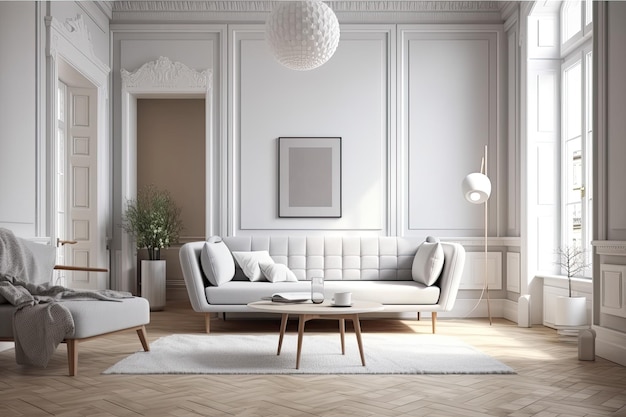 Modernes Wohnzimmer mit einer minimalistischen weißen Couch und einem Teppich Generative AI