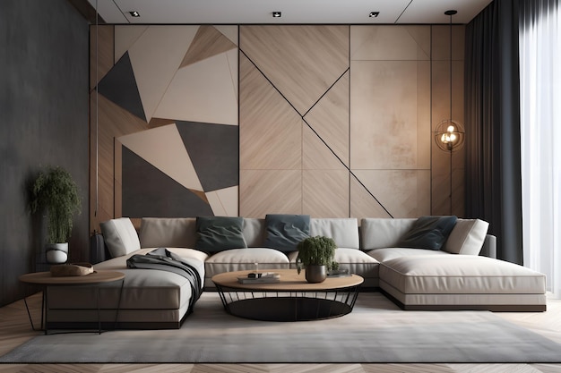 modernes Wohnzimmer mit einer Statement-Wand, einem bequemen Sektionssofa und einem geometrischen Teppich
